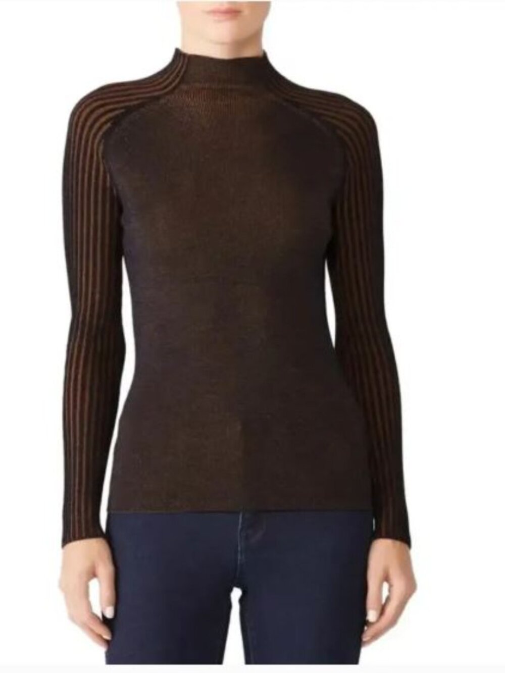 Dreyden Romy Ribbed Knit Sweater Top Mock Neck Large Metallic Brown Gold Merino